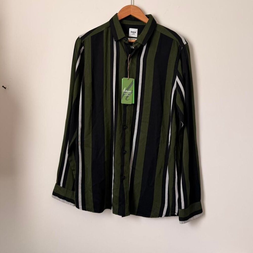 NWT Men’s Olive Green & Black Striped Casual Button Down by Max Size L